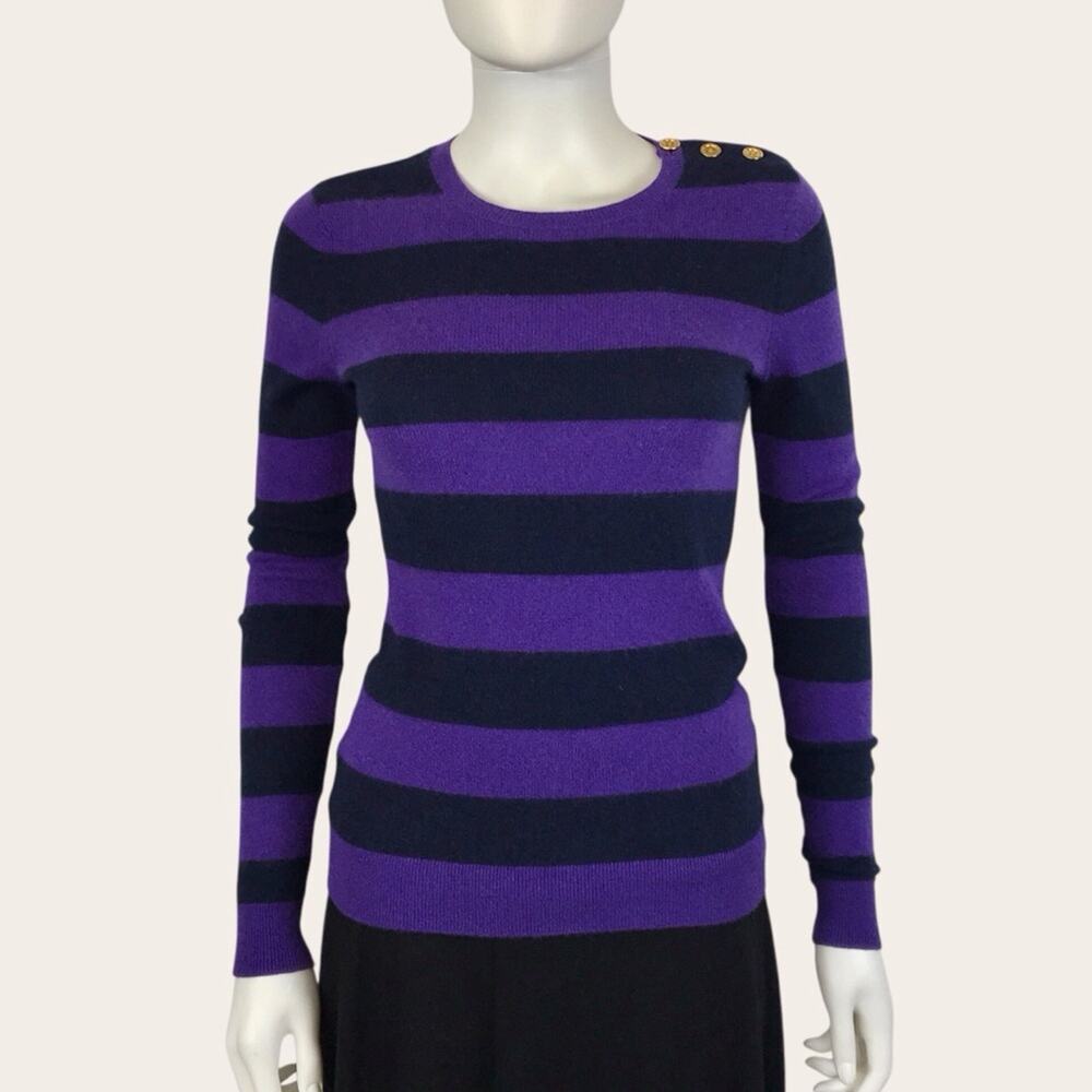 Bloomingdales 100% Cashmere Sweater Purple & Black Striped Crew Neck